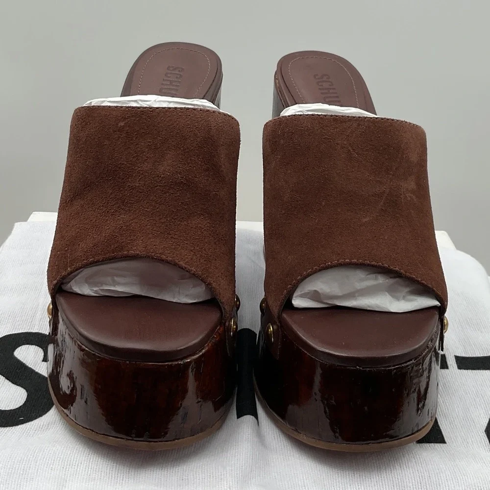 Schutz Brown Suede Platform Wedge Mules Studded Wood Grain Sandals Womens